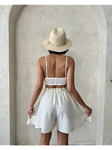 Volanlı Keten Şort Bej S255058