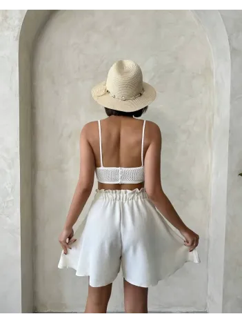 Volanlı Keten Şort Bej S255058