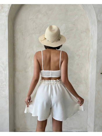 Volanlı keten şort bej s255058