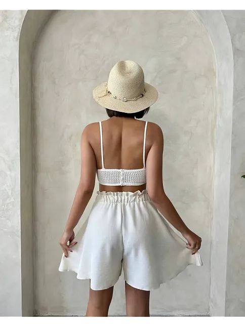 Volanlı Keten Şort Bej S255058