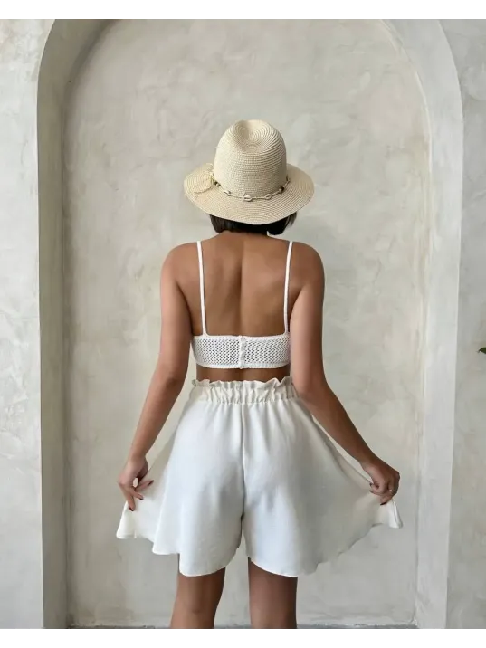 Volanlı Keten Şort Bej S255058