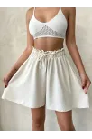 Volanlı Keten Şort Bej S255058