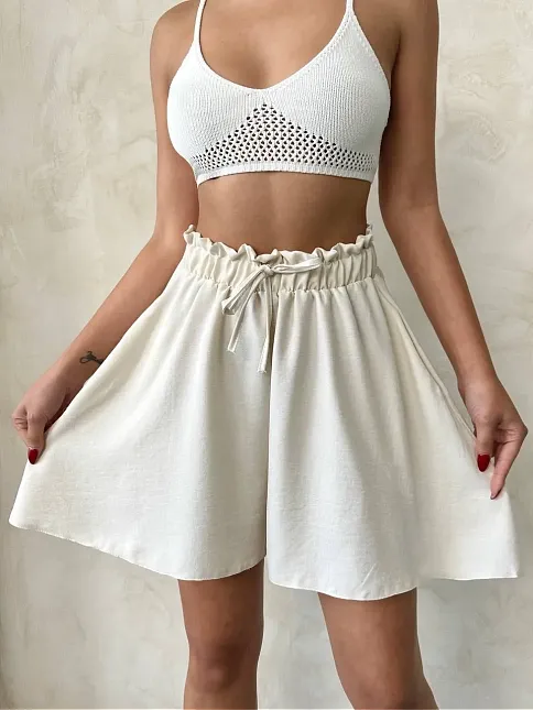 Volanlı Keten Şort Bej S255058