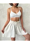 Volanlı Keten Şort Bej S255058