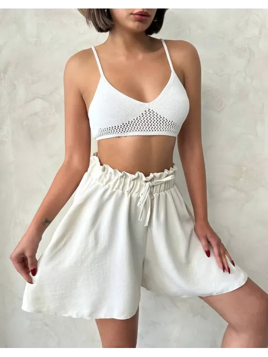 Volanlı Keten Şort Bej S255058