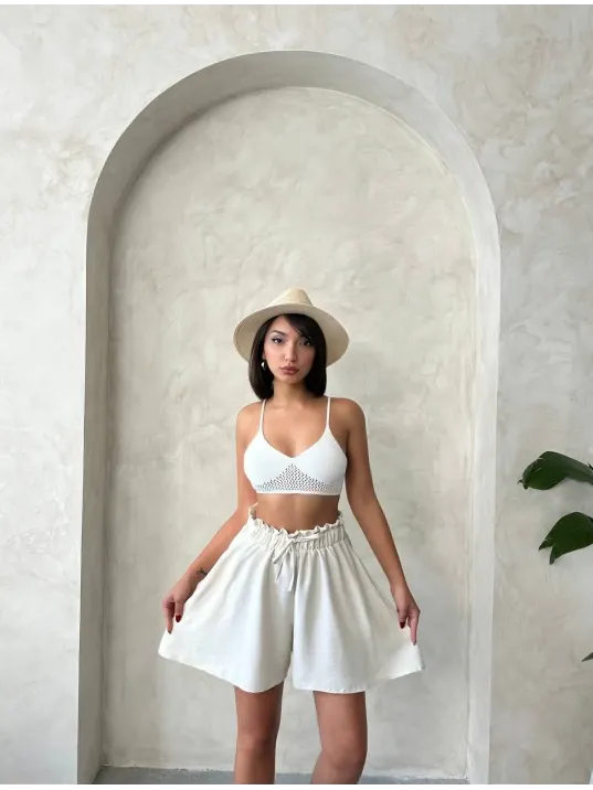 Volanlı Keten Şort Bej S255058