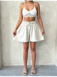 Volanlı Keten Şort Bej S255058