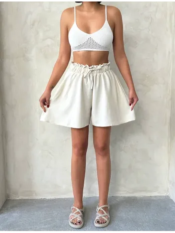 Volanlı Keten Şort Bej S255058