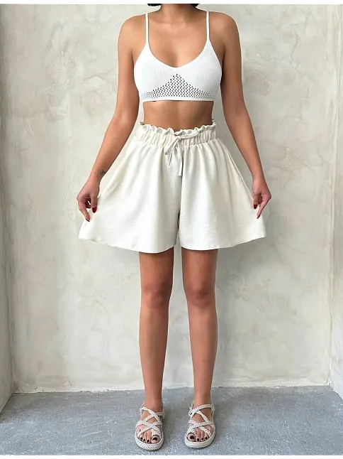Volanlı Keten Şort Bej S255058