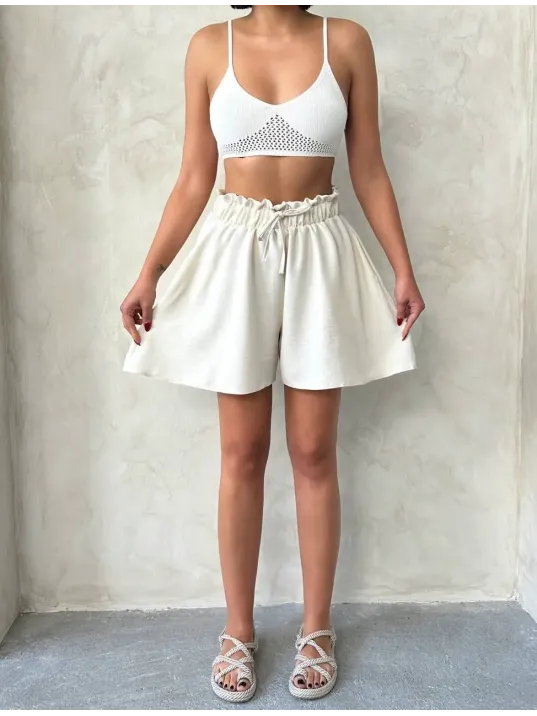 Volanlı Keten Şort Bej S255058