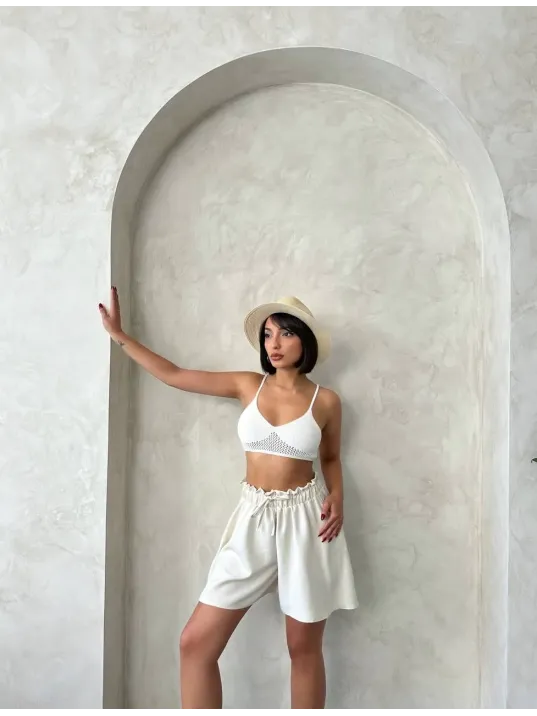Volanlı Keten Şort Bej S255058