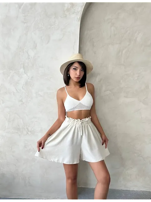 Volanlı Keten Şort Bej S255058