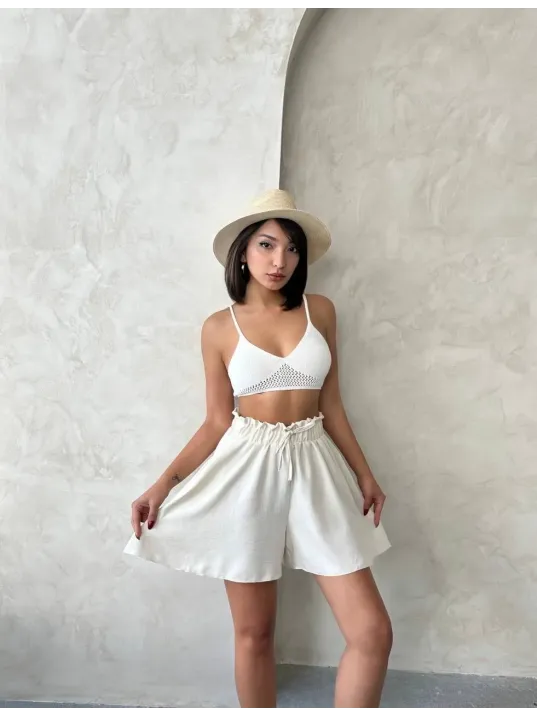 Volanlı Keten Şort Bej S255058