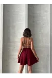 Volanlı Keten Şort Bordo S255058