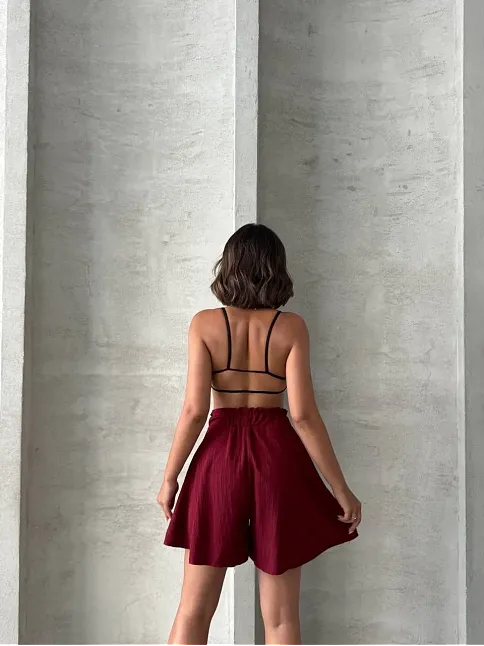 Volanlı Keten Şort Bordo S255058