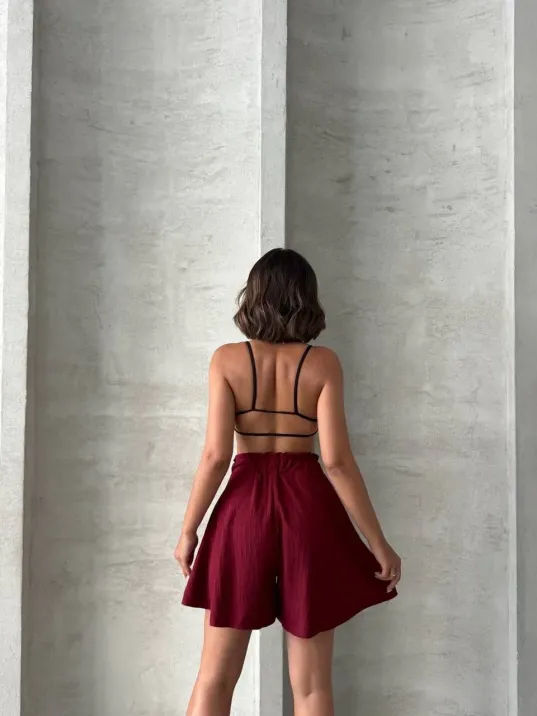 Volanlı Keten Şort Bordo S255058