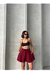 Volanlı Keten Şort Bordo S255058
