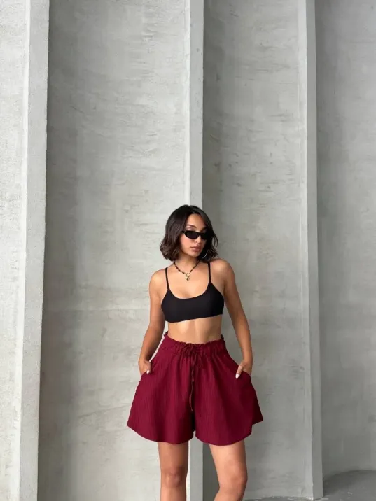 Volanlı Keten Şort Bordo S255058
