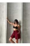 Volanlı Keten Şort Bordo S255058