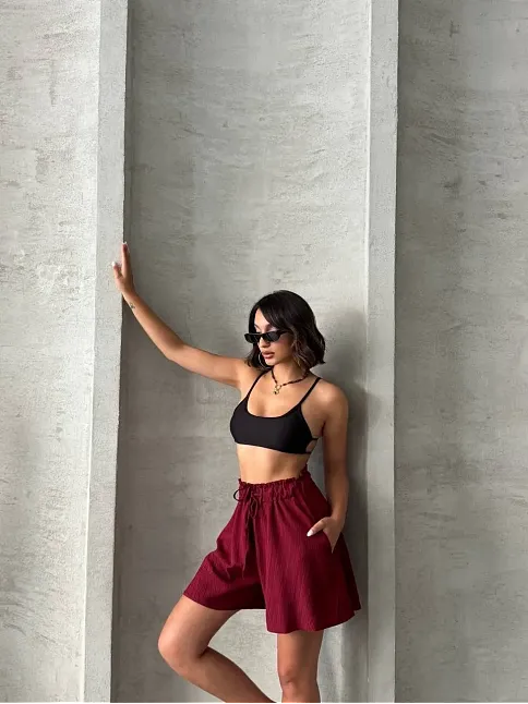 Volanlı Keten Şort Bordo S255058