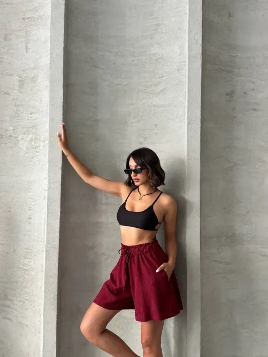 Volanlı Keten Şort Bordo S255058