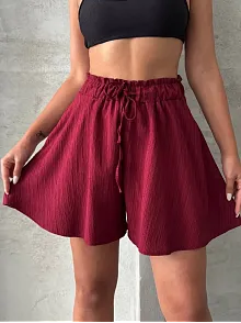 Volanlı Keten Şort Bordo S255058