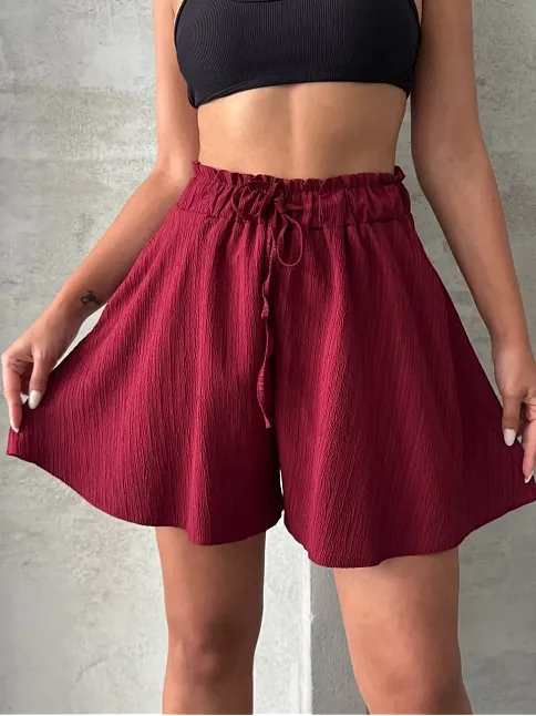 Volanlı Keten Şort Bordo S255058