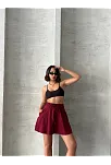 Volanlı Keten Şort Bordo S255058