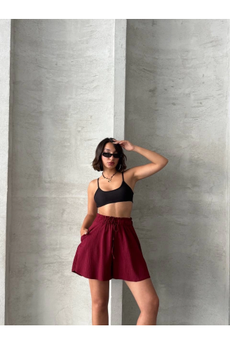 Volanlı keten şort bordo s255058