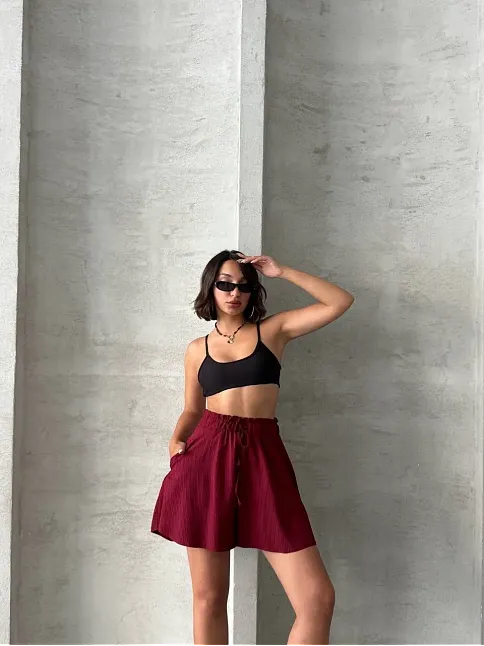 Volanlı Keten Şort Bordo S255058