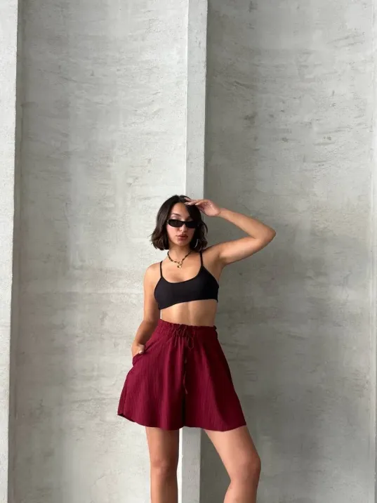 Volanlı Keten Şort Bordo S255058