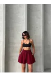 Volanlı Keten Şort Bordo S255058