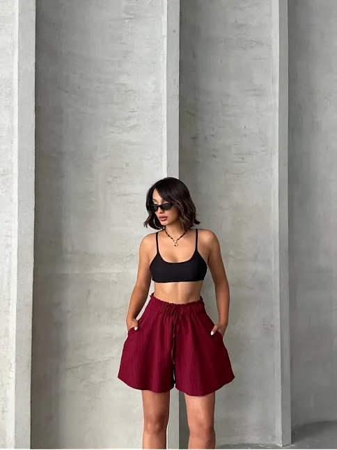 Volanlı Keten Şort Bordo S255058