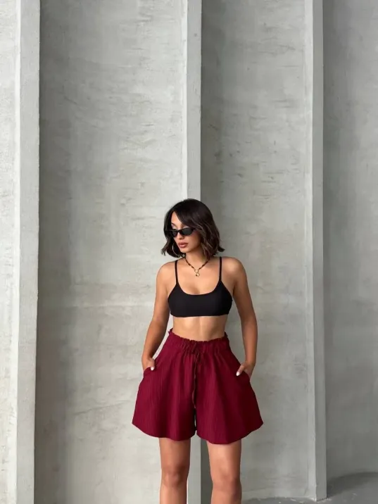 Volanlı Keten Şort Bordo S255058