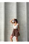 Volanlı Keten Şort Kahve S255058