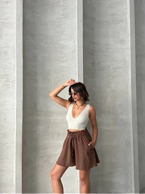 Volanlı Keten Şort Kahve S255058
