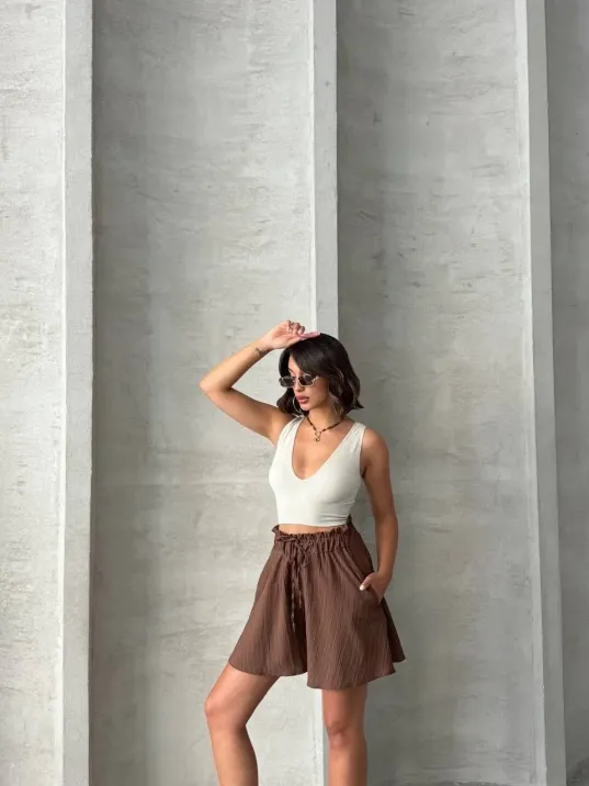 Volanlı Keten Şort Kahve S255058