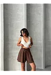 Volanlı Keten Şort Kahve S255058