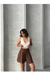 Volanlı Keten Şort Kahve S255058
