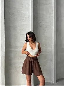 Volanlı Keten Şort Kahve S255058