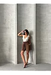 Volanlı Keten Şort Kahve S255058