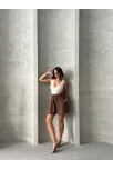 Volanlı Keten Şort Kahve S255058