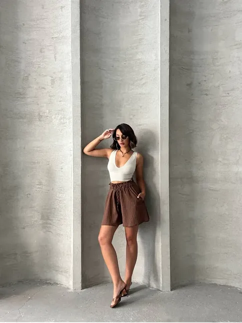 Volanlı Keten Şort Kahve S255058