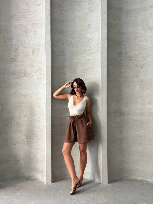 Volanlı keten şort kahve s255058 Volanlı keten şort kahve s255058