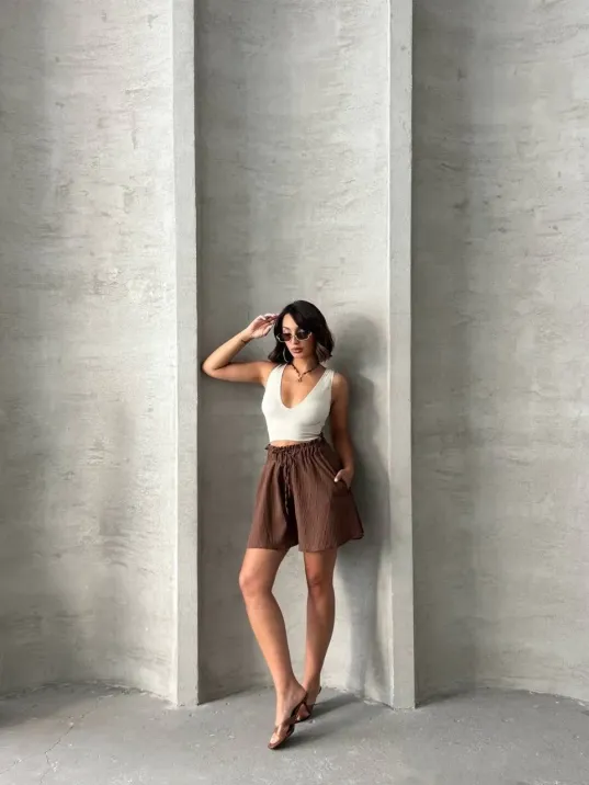 Volanlı Keten Şort Kahve S255058