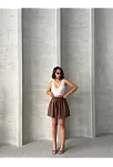 Volanlı Keten Şort Kahve S255058