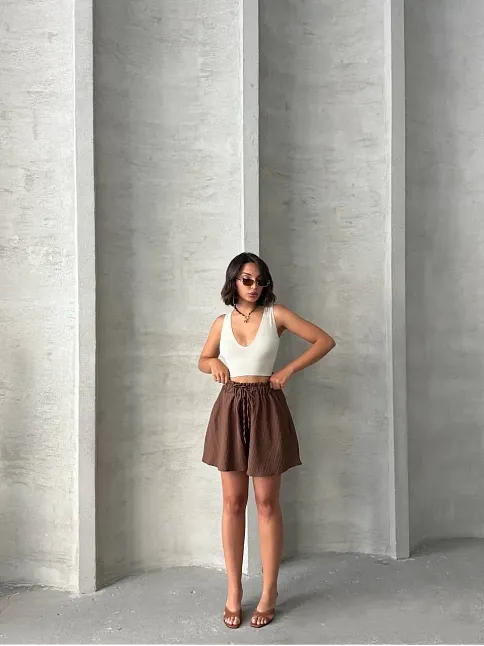 Volanlı Keten Şort Kahve S255058