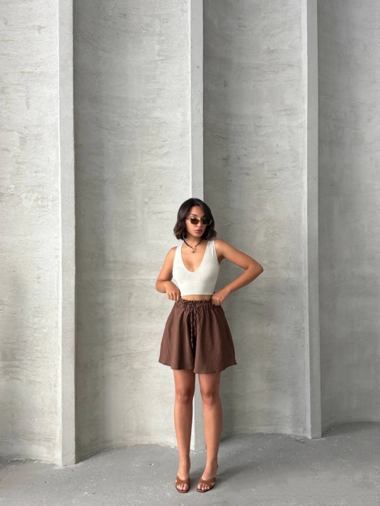 Volanlı keten şort kahve s255058 Volanlı keten şort kahve s255058