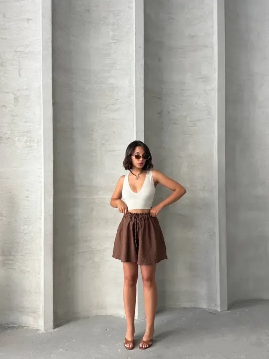 Volanlı Keten Şort Kahve S255058
