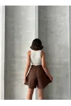 Volanlı Keten Şort Kahve S255058